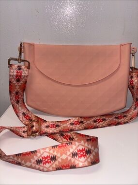 Peach Crossbody Shoulder Bag with Patterned Strap